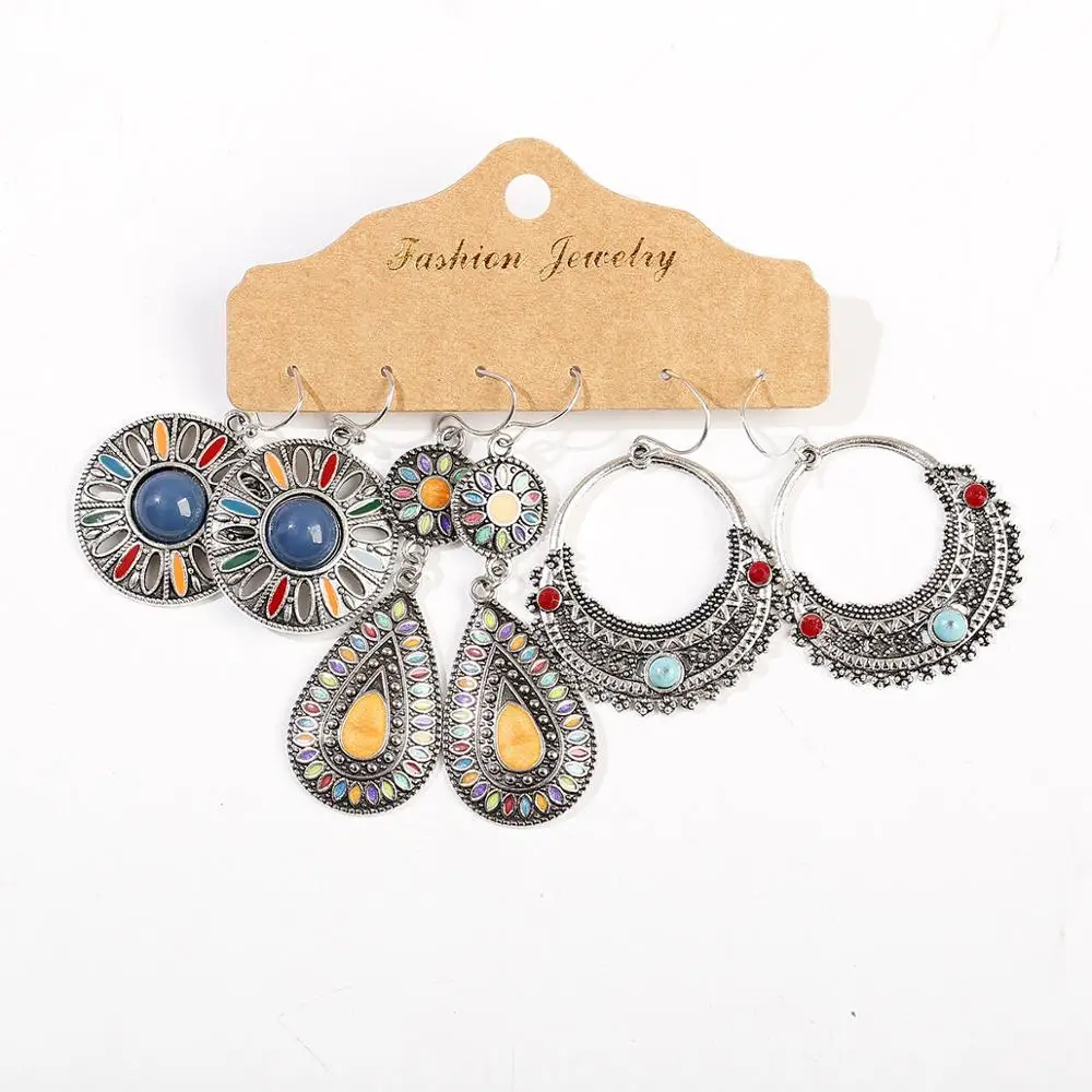 

3 Pairs/Set Vintage Big Round Multicolor Earrings Set Woman Ethnic Boho Tassel Feather Long Dreamcatcher Drop Earrings Jewelry