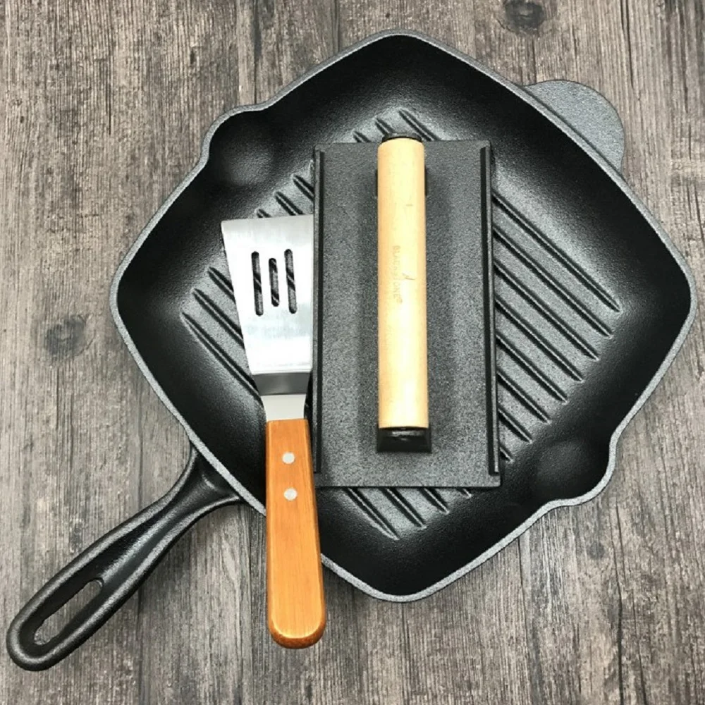 

27cm Thick Cast Iron Frying Pan with Uncoated and Striped Design Raw Iron Pot Body for Steak Kitchen Culinary Essential Tools