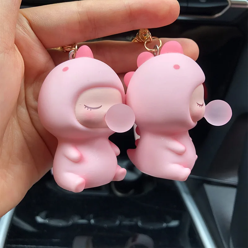 

Cute Blowing Bubbles Pink Dinosaur Keychain Creative Kawaii Bell Doll Bag Pendant Keyring Girl Women Car Trinket Accessories