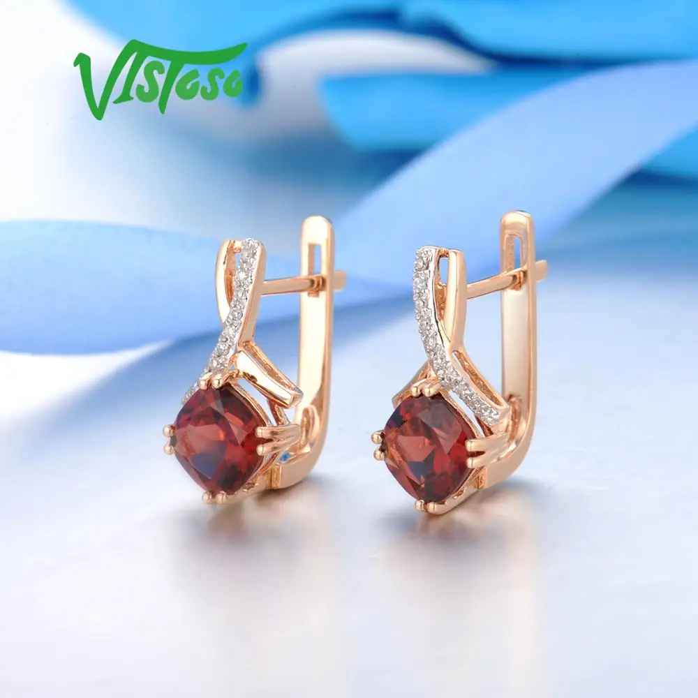 VISTOSO золотые серьги для женщин подлинные 14K 585 розовое золото Сияющий гранат сверкающие алмазные серьги обручальные свадебные украшения