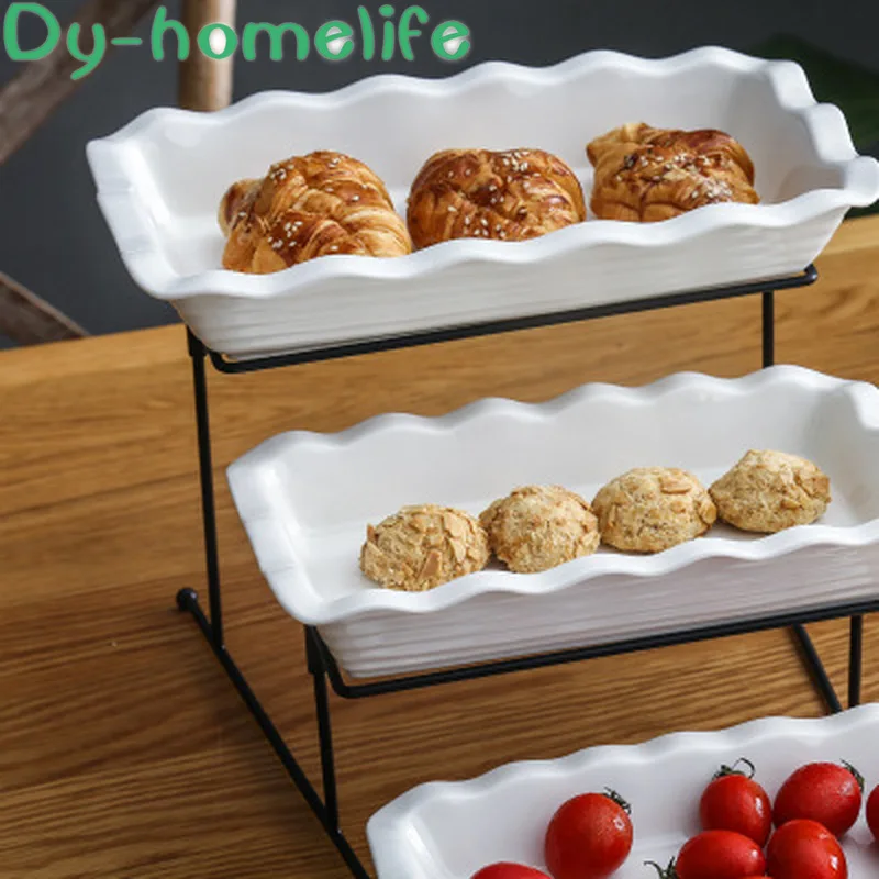 

Nordic Creative Three-tier Iron White Wavy Grain Ceramic Fruit Plate Restaurant Family Acceptance Bone China Fruit Snack Tray