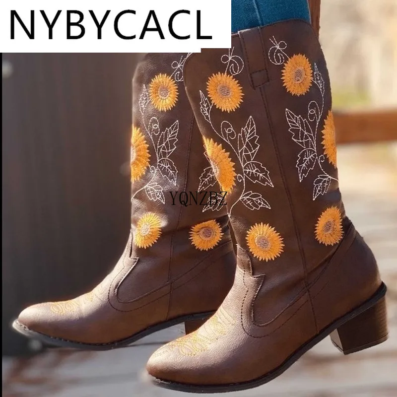 

Autumn Ladies Boots Fashion Ethnic Style Flower Print Pu Ladies Mid-Boots Casual Low-Heel Comfortable Ladies Shoes Mujer Boots