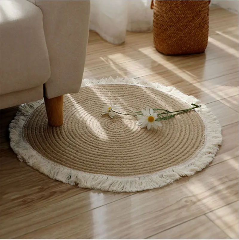 

Round Braided Carpets Natural Jute Area Rug with Cotton Tassel Handmade Sofa Table Floor Mats Living Room Home Decor