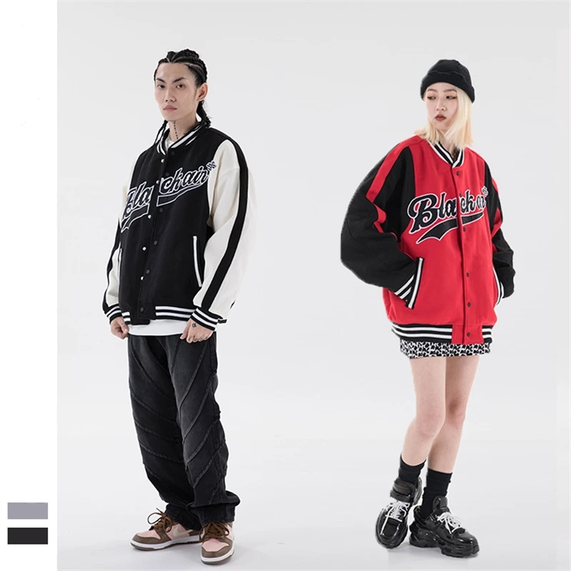 

High Street Fashion Color Block Casual Jacket Unisex Autumn Winter Handsome Men Stand Collar Thick Baseball Uniform Jackets Coat