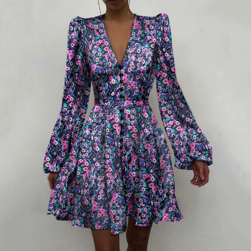 

2021 Spring Floral Print Satin Party Dress Women Deep V-Neck Button Dress Autumn Elegant Puff Shoulder Lantern Sleeve Dresses