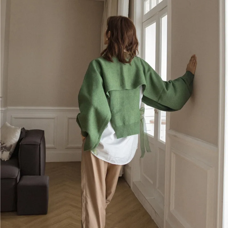 LANMREM 2020 Original Two-piece Hooded Vest Sweater Tied Bandwidth Loose Long Sleeves Outside Sweaters Women 19B-a220 | Женская одежда