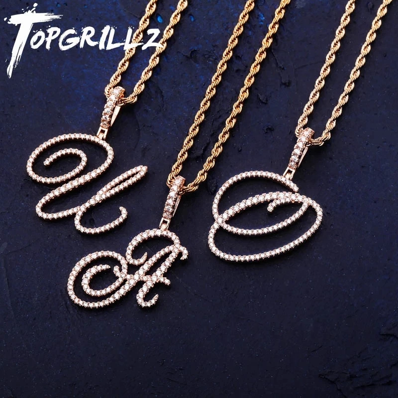 TOPGRILLZ Новый A-Z Cursive буквы имя кулон и ожерелье ледяной кубический циркон золотой