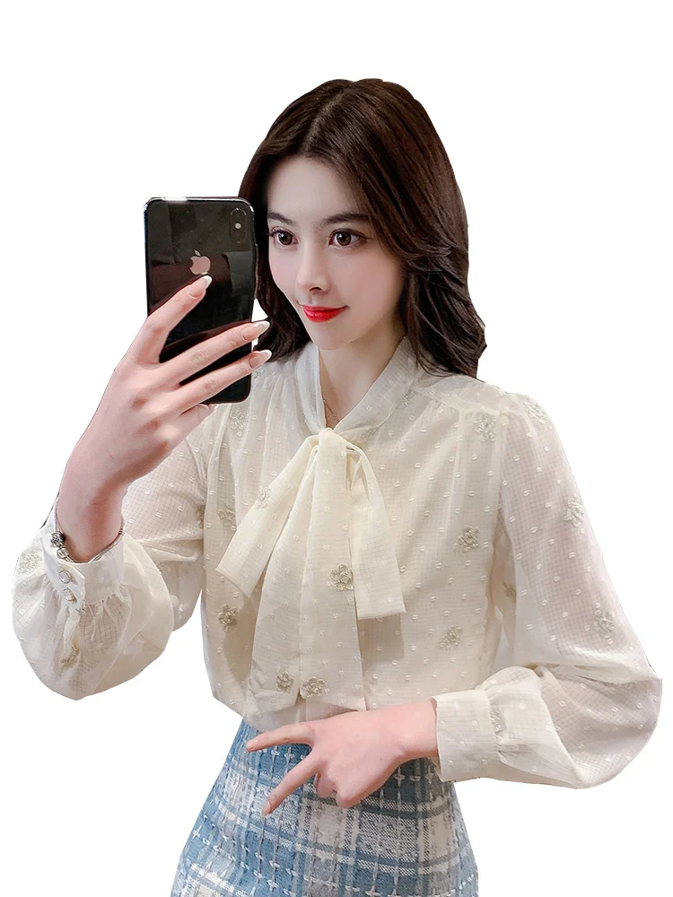 

Early spring 2021 new fashion bow tie sweet top loose age reducing leisure chiffon shirt women's trend