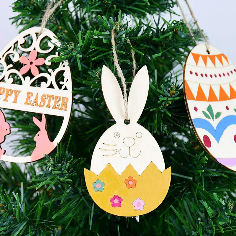 

10Pcs Wooden Eggs Bunny Hen Wood Slices Easter Wood Ornaments DIY Easter Party Decoration Kids Favors Handmade Crafts with Rope