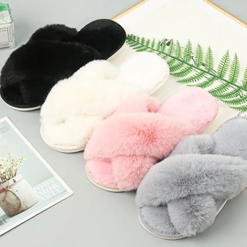 

2021 Winter New Women Slipper Soft Rabbit Fur Cross Upper 3cm Heel Platform Fur Warm Indoor Ladies Open Toe Fluffy Home Slippers