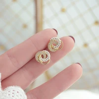 luxury 14k real gold needle circle pearl diamond personality senior stud earrings for women cubic zircon zc earrings