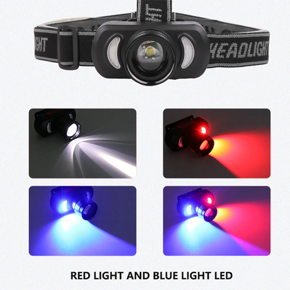 Мощный USB Перезаряжаемый головной светильник, красный светильник, синий светильник, головной светильник, Мощный USB велосипедный светильник, водонепроницаемый для наружного использования
