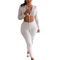 women sexy two piece clothes set solid color deep v neck tie up crop tops and leggings black white apricot