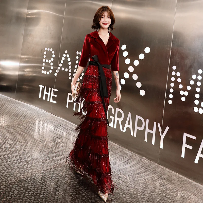 

Slim Tassels Long Dress 2019 Patchwork Mid Sleeve Wine Red Korean Style Shining Tassel Party Dress Different Size For Choice