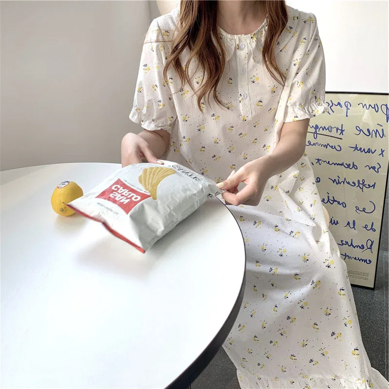 2021 Summer New Lovely Pure Cotton Loose Idyllic Little Flower Nightdress Women's Sweet Lotus Leaf Home Clothes Nightgown