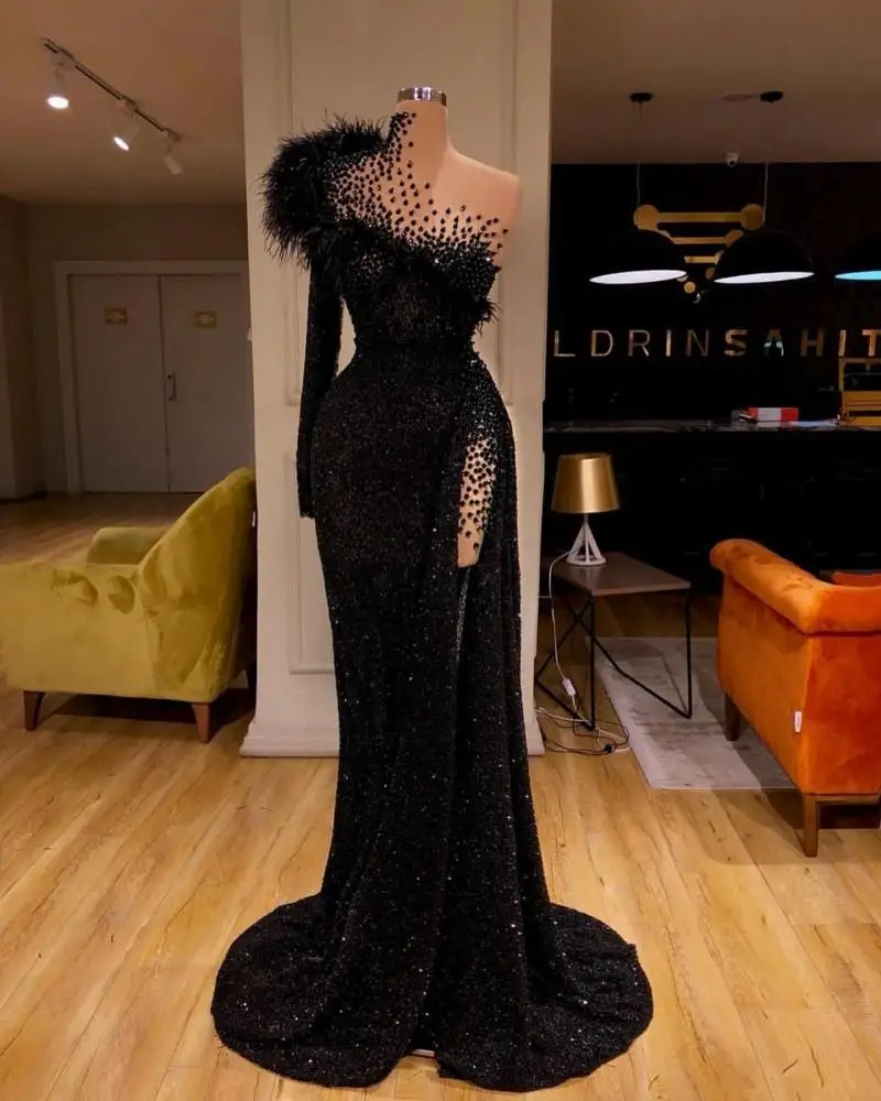 

Black Sequined Evening Dresses Beaded Feathers Mermaid Prom Dress High Split Formal Party Second Reception Gowns Robes De Soiree