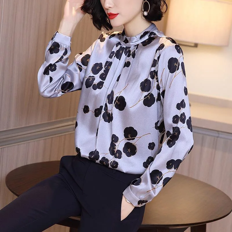 

Spring Fall 2020 Women Clothes , Fashion Womens Korean Floral Printed Long Sleeve Grey Blouse Tops , 3xl Imitation Silk Blouses