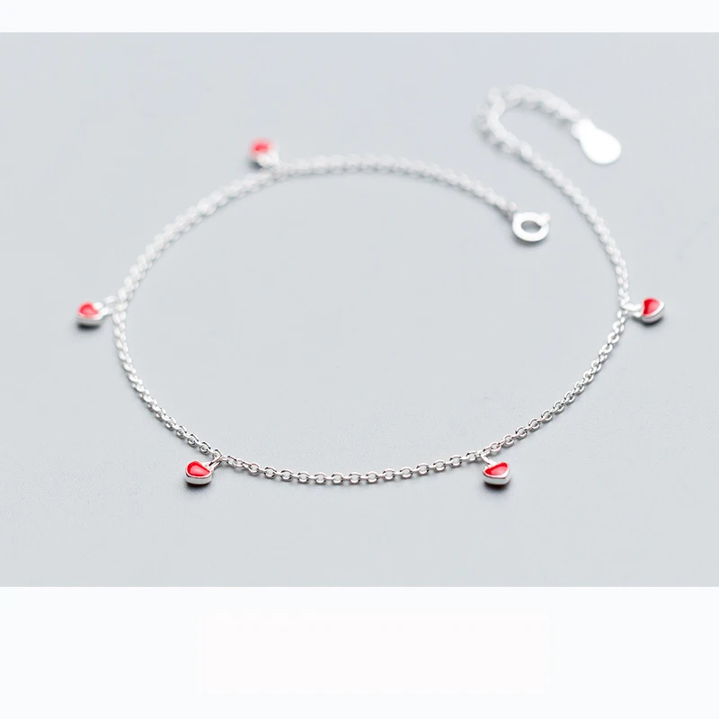 Trustdavis 925 Real Sterling Silver Fashion Women's Jewelry 5 Red Heart 21cm Sweet Anklets For Women Sterling Silver DS600