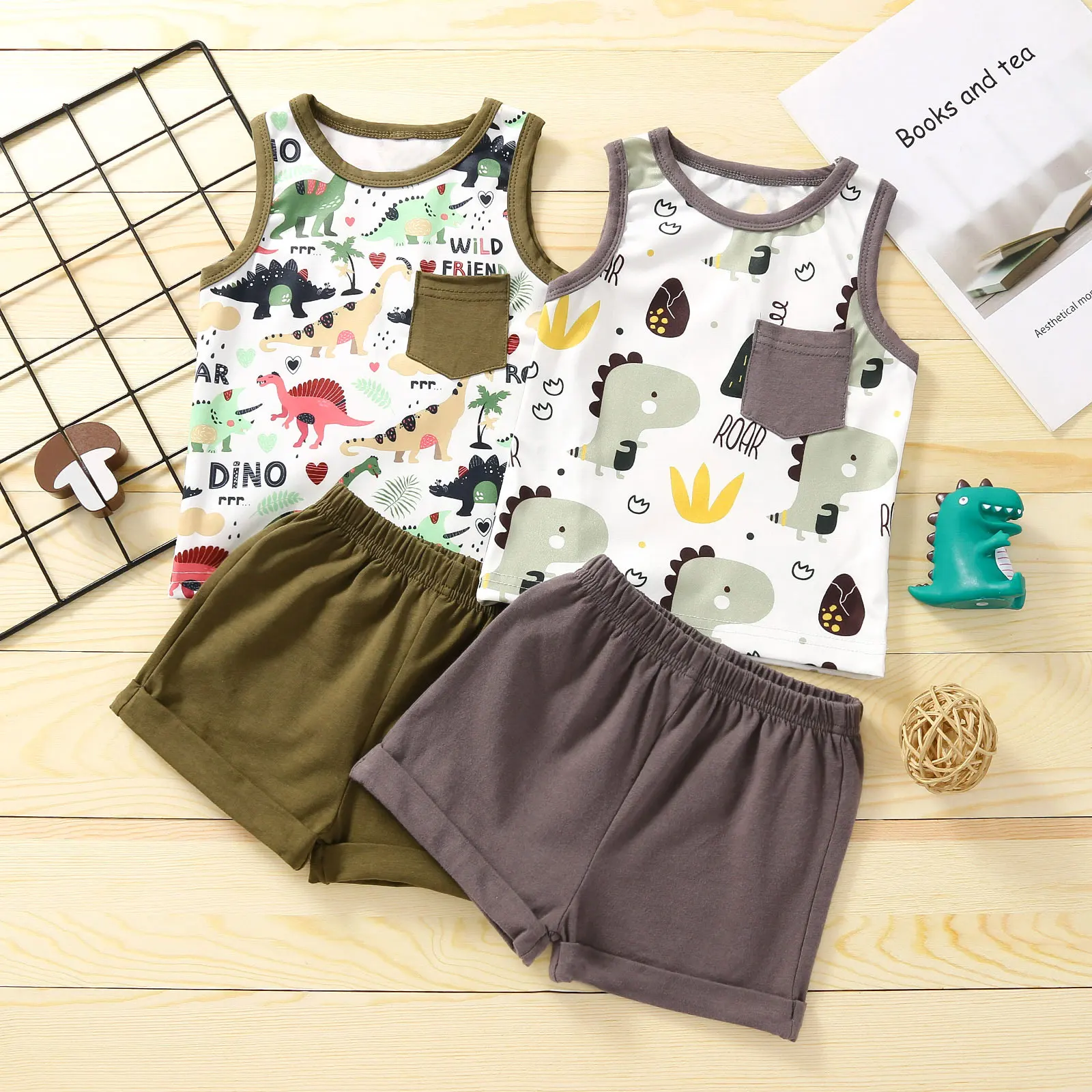 

2Pcs Baby Boys Summer Tracksuits Clothes Sets Cartoon Dinosaur Print Sleeveless Vest + Elastic Waist Shorts