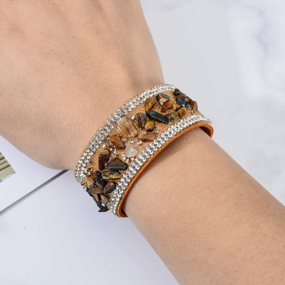 

Vintage Leather Wide Bracelets for Women Men Crystal Natural Stone Charms Wrap Cuff Bracelet Wristband Party Boho Jewelry Gift