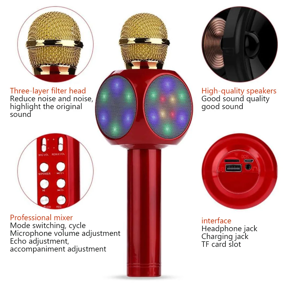

4 in 1 Wireless Handheld Bluetooth FM broadcast function, Microphone with LED light Karaoke Microphone,Dancing LED Lights
