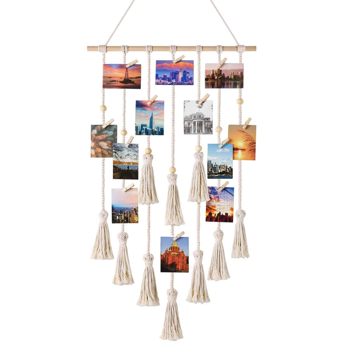 

Hanging Photo Display Macrame Wall Hanging Pictures Organizer Boho Home Decor Picture Frames Collage Board with 30 Wood Clips