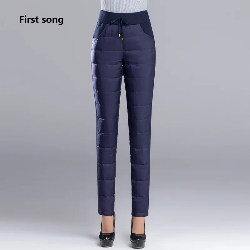 

Women's large size solid color elastic waist down pants 90% winter down pants thick warm waterproof coating women's down pantsXL