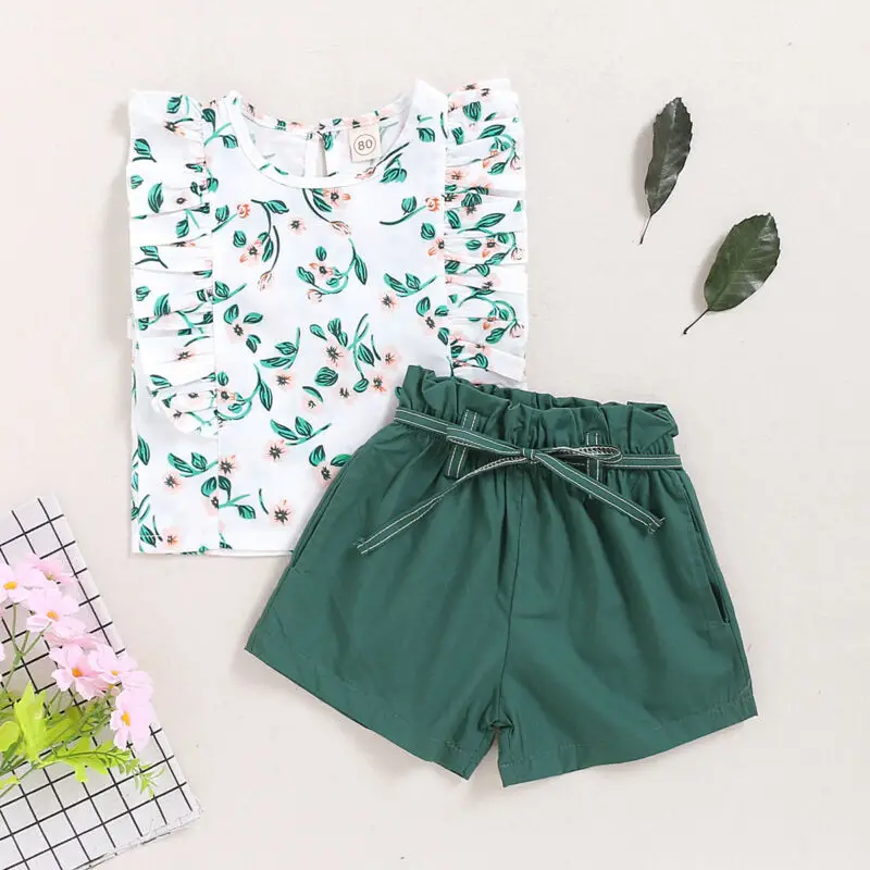 Toddler Baby Girls Kids Summer Clothes O-neck Flower Sleeveless Green Tops + High Waist Shorts Outfit Sets 2PCS 18M-5T