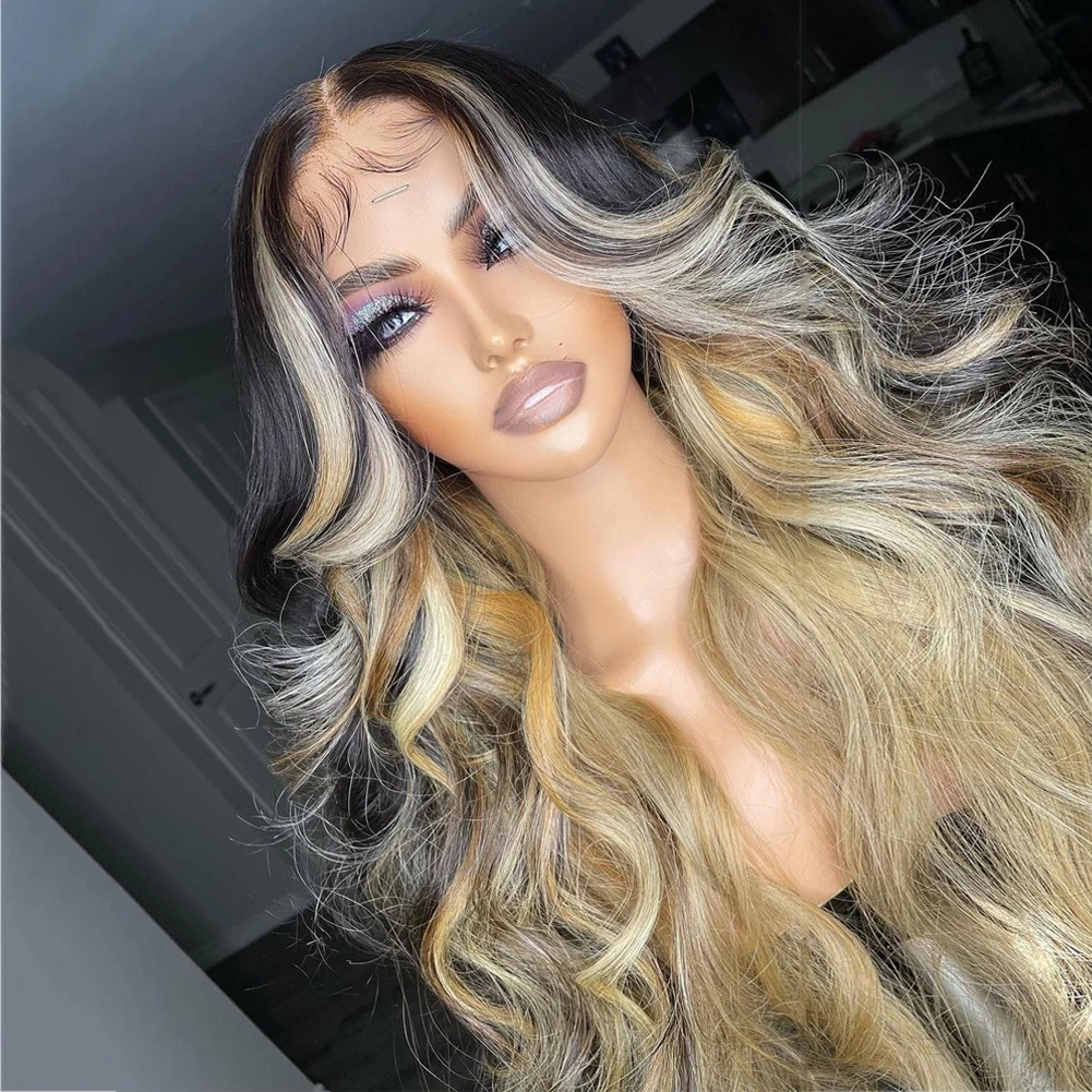 Ash Blonde Highlights Full Lace Wig for Women Black Roots Ombre Human Hair Wig Long Wavy 13x6 Lace Front Wig Pre Plucked 180%