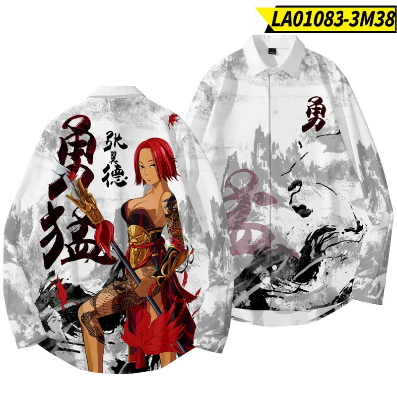 

Chinese Cartoon Printed Men Casual Fit Long Sleeve Shirt Streetwear Casual Stand Collar Button Loose Shirt Apparel Comfort Tops
