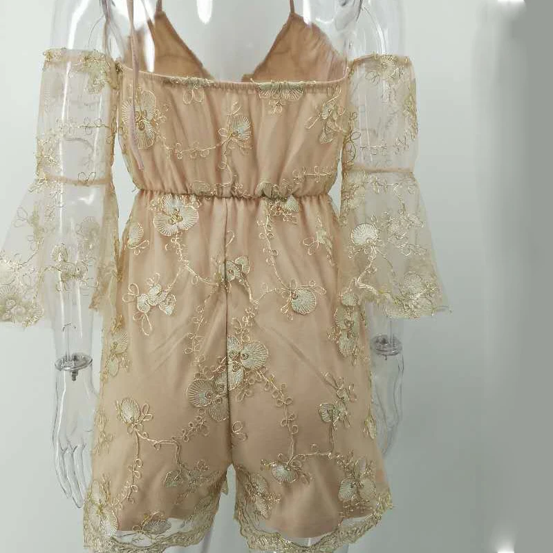 Летний женский комбинезон размера плюс с тяжелой вышивкой фатиновым v образным