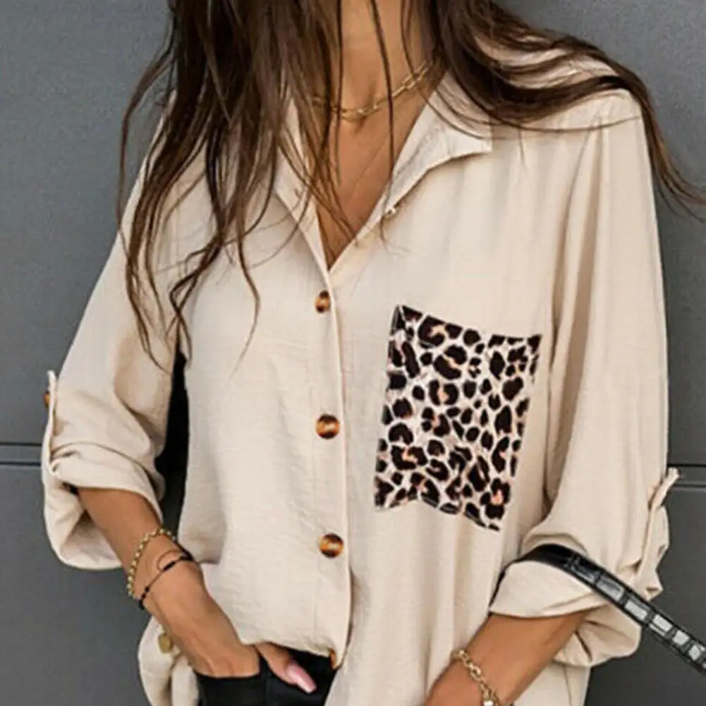 

Summer Women Shirt Leopard Patch Pocket Loose Casual Ladies Long Sleeve Button Placket Plus size Blouses Streetwear Summer Party