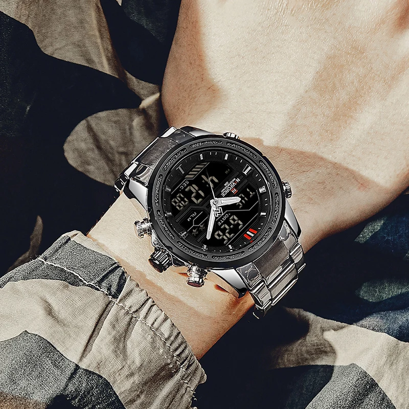 Часы наручные NAVIFORCE Мужские кварцевые роскошные полностью стальные цифровые