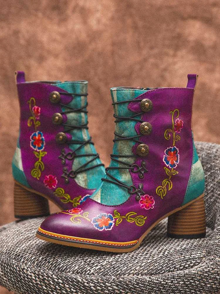 SOCOFY/женские зимние ботинки Винтажные короткие из натуральной кожи с цветочным