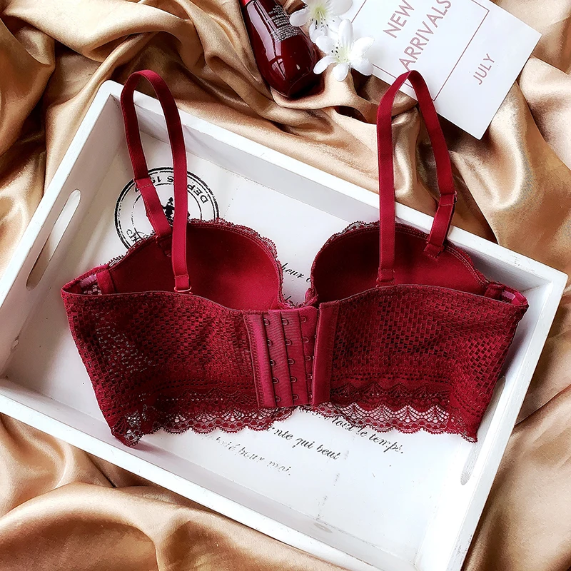 

New red Brassiere Deep V Sexy Bra Set Push Up Women Underwear Set Cotton 1/2 Cup Bras Wire Free Lace adjustable Lingerie Set