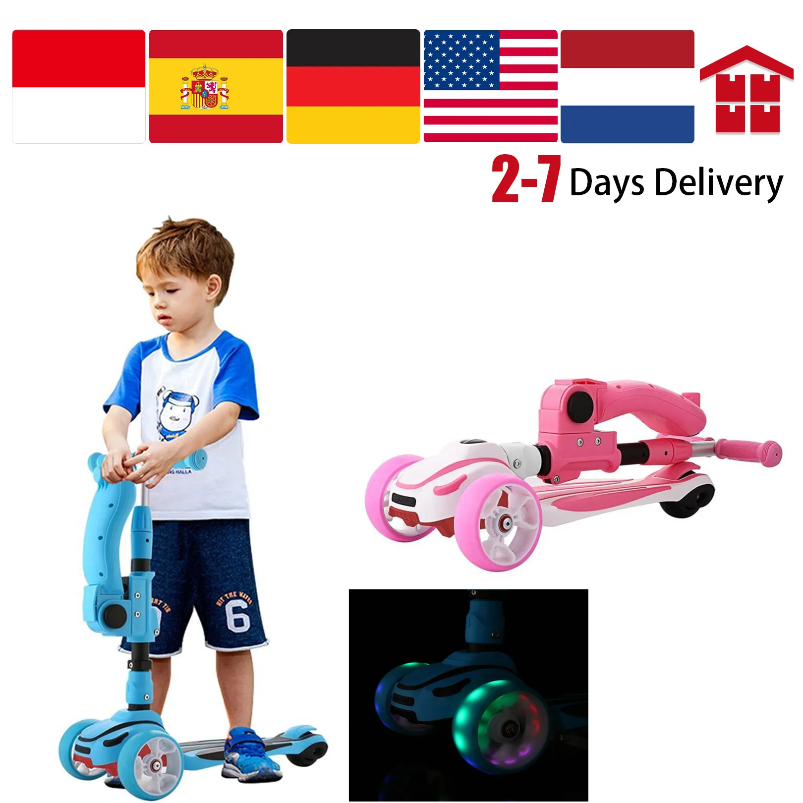 Height Kick Scooter With Folding Seat Flashing Wheels Kids Adjustable  Wide Deck 22.4x10.4x29.9inch