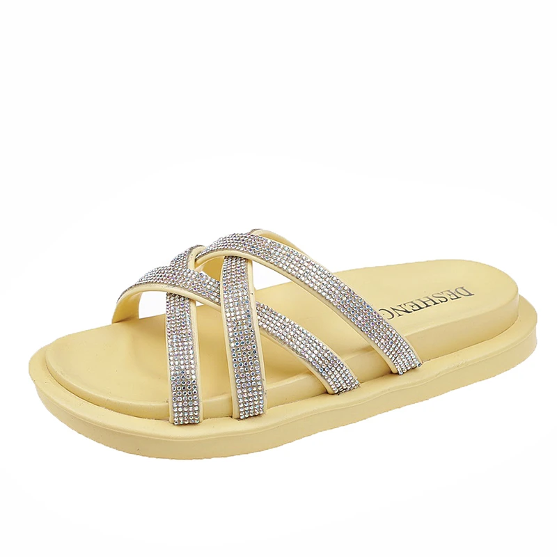 

2021 Women's Flip Flops Summer Fashion Solid Color Rhinestone Girls Soft Non-slip Home Open Toe Beach Slippers Zapatillas Mujer
