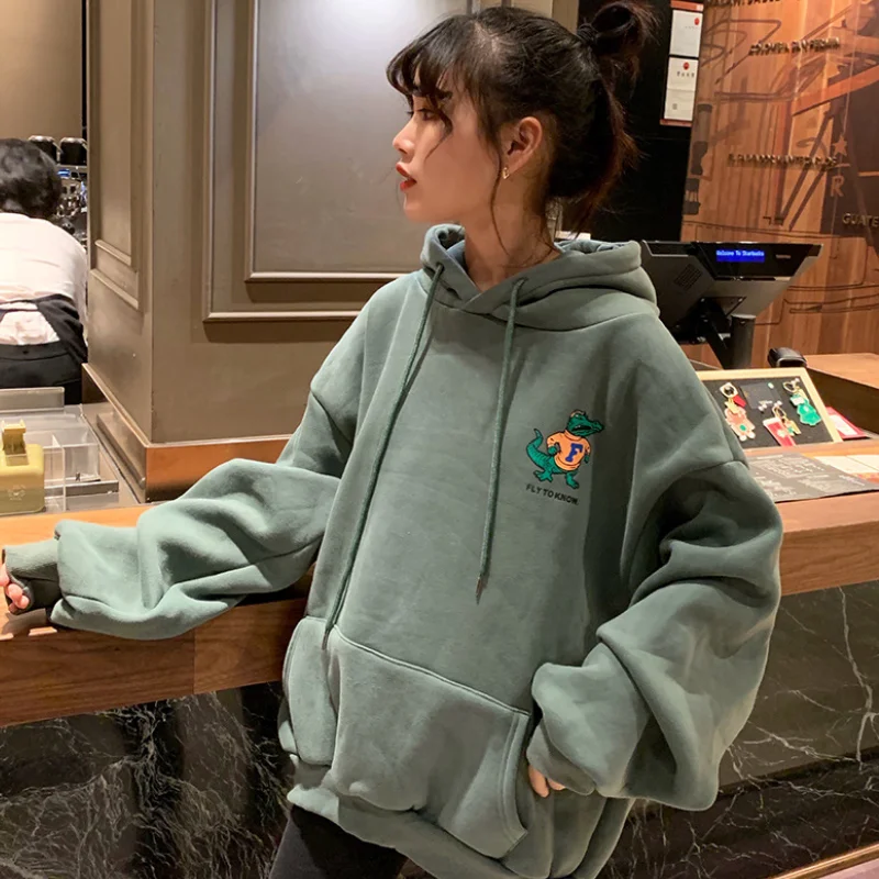 

2020 Autumn And Winter Women Hoodies New Plus Velvet Hooded Print Loose Letter Long-sleeved Fashion Casual Pullovers Female Top