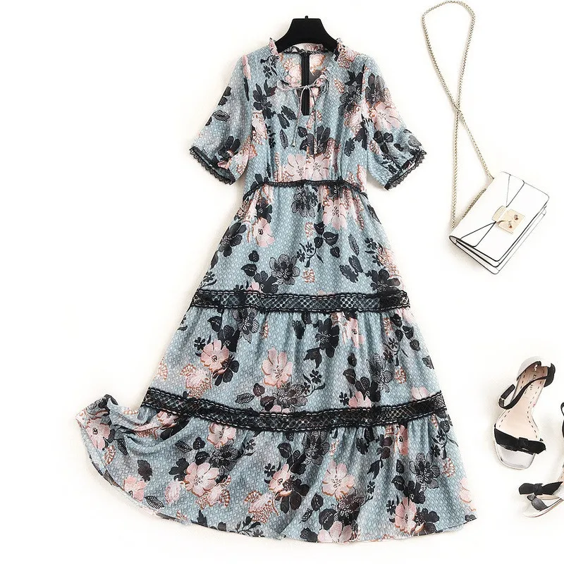 

Женское шифоновое платье с коротким рукавом, кружевное винтажное платье с принтом в стиле пэчворк, Пляжное праздничное платье, лето 2020