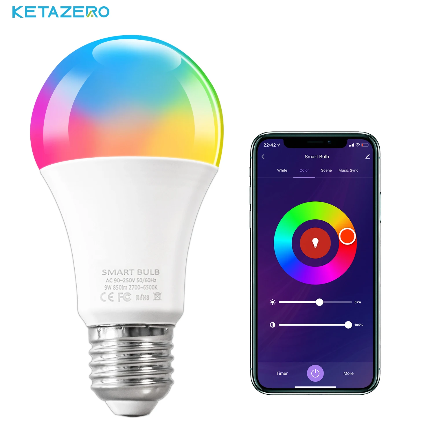 

Смарт-лампа Светодиодная KETAZERO 9 Вт с поддержкой Wi-Fi и пультом ДУ