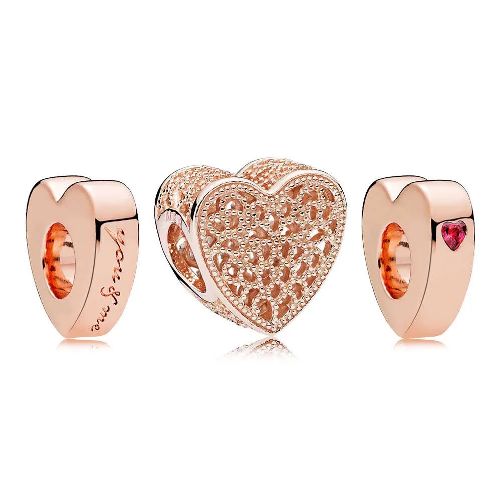 

2018 NEW 100% 925 Sterling Silver Charm Rose Hearts Collide Bead Pendant Fit European Women Original Bracelets jewelry Set gift
