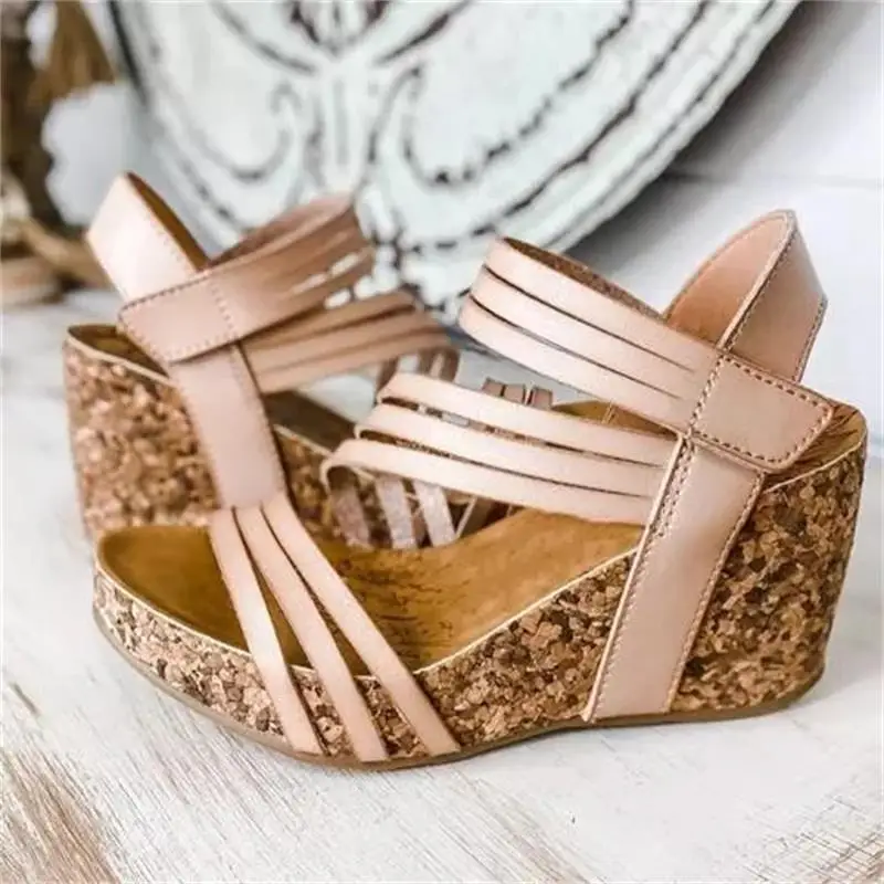 

2021 New Women's Shoes Solid Color PU Thin Strap Open Toe Velcro Wedge Heel Comfortable Fashion Elegant Sandals 6KF243