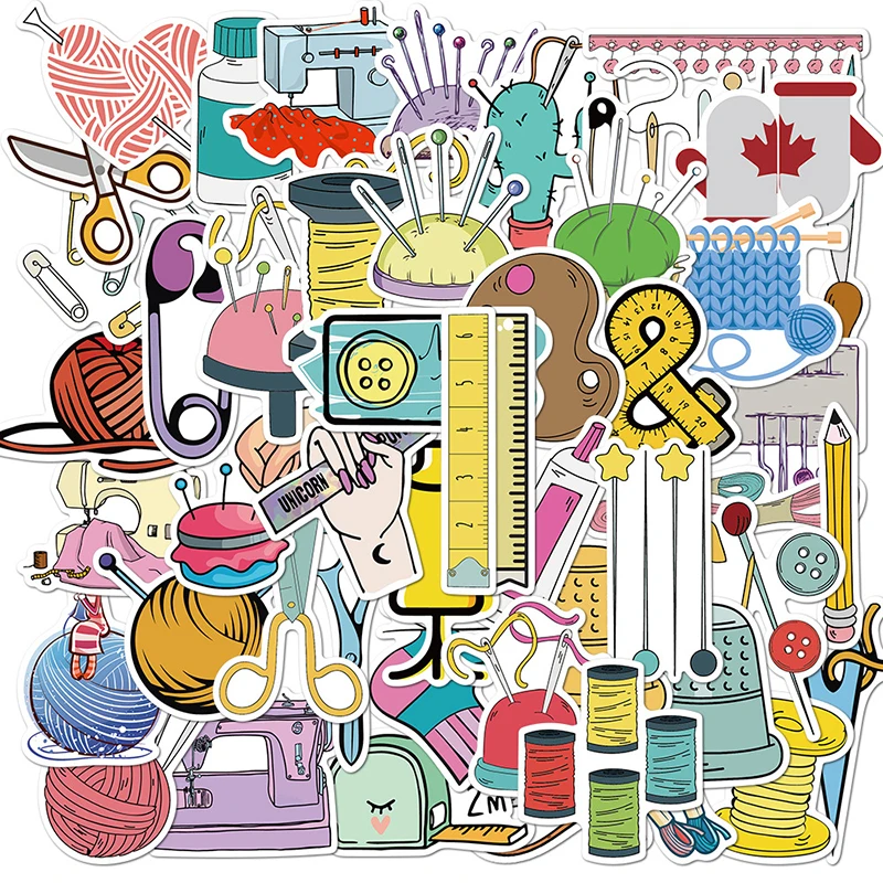 

50Pcs Cartoon Sewing Machine Stickers Sewing Tools Ruler Scissors Suitcase Skateboard Graffiti Laptop Luggage Graffiti Stickers