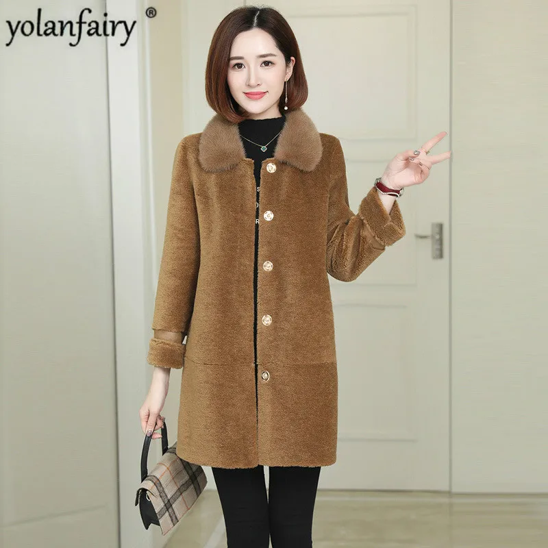 

Зимнее пальто из натурального меха, Женская овечья стрижка, шерстяная куртка с мехом, Корейская одежда, натуральный норковый меховой воротн...