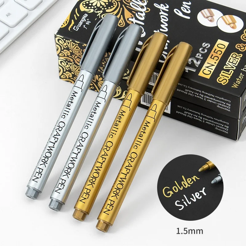 

2pcs Metallic Craftwork Pen Gold Silver Color Art Marker Liner for Signature Drawing Painting Decoration Water Based H6271