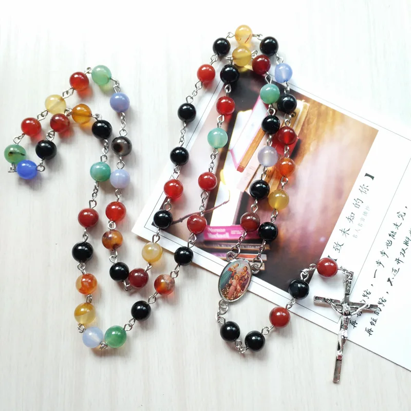 QIGO ожерелье из красочного камня длинный крест с подвеской католические молитвы