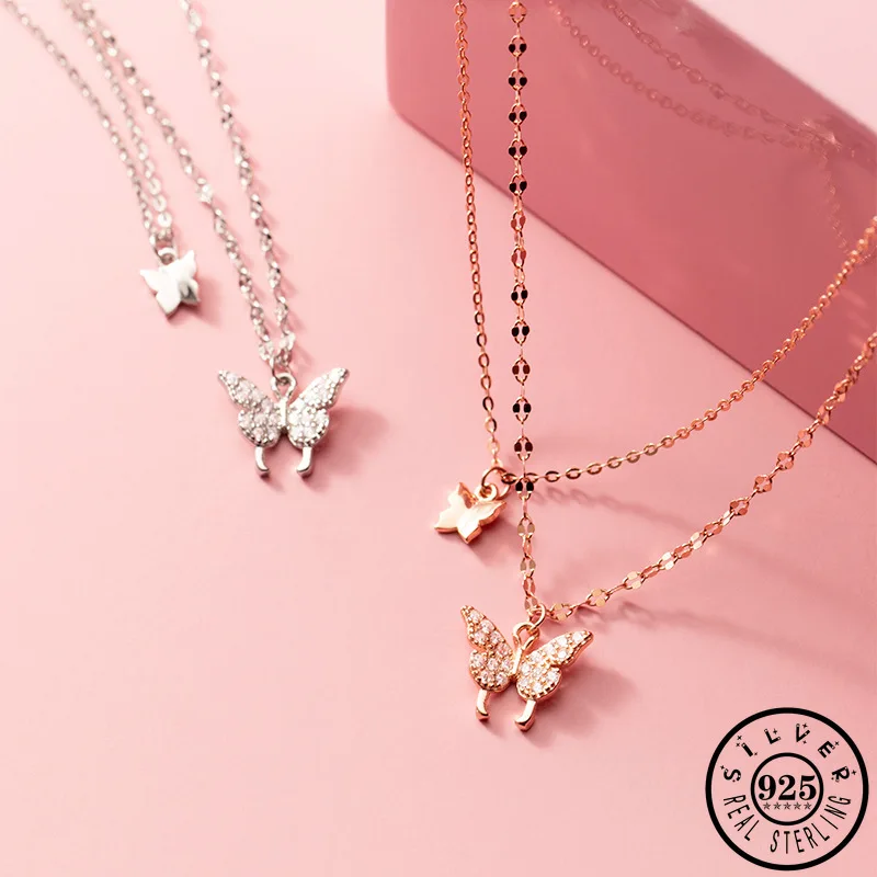 

925 Sterling Silver Luxury Zircon Butterfly Pendant Rose Gold Color Plated Double Layer Chain Party Necklaces Jewelry for Women
