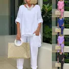 Комплект из двух предметов, простой однотонный комплект из топа и брюк с асимметричным подолом, футболка, женская одежда, повседневная одежда с длинным рукавом