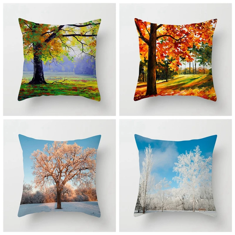 Чехол для подушки на осень и зиму с изображением дерева пейзажа дома