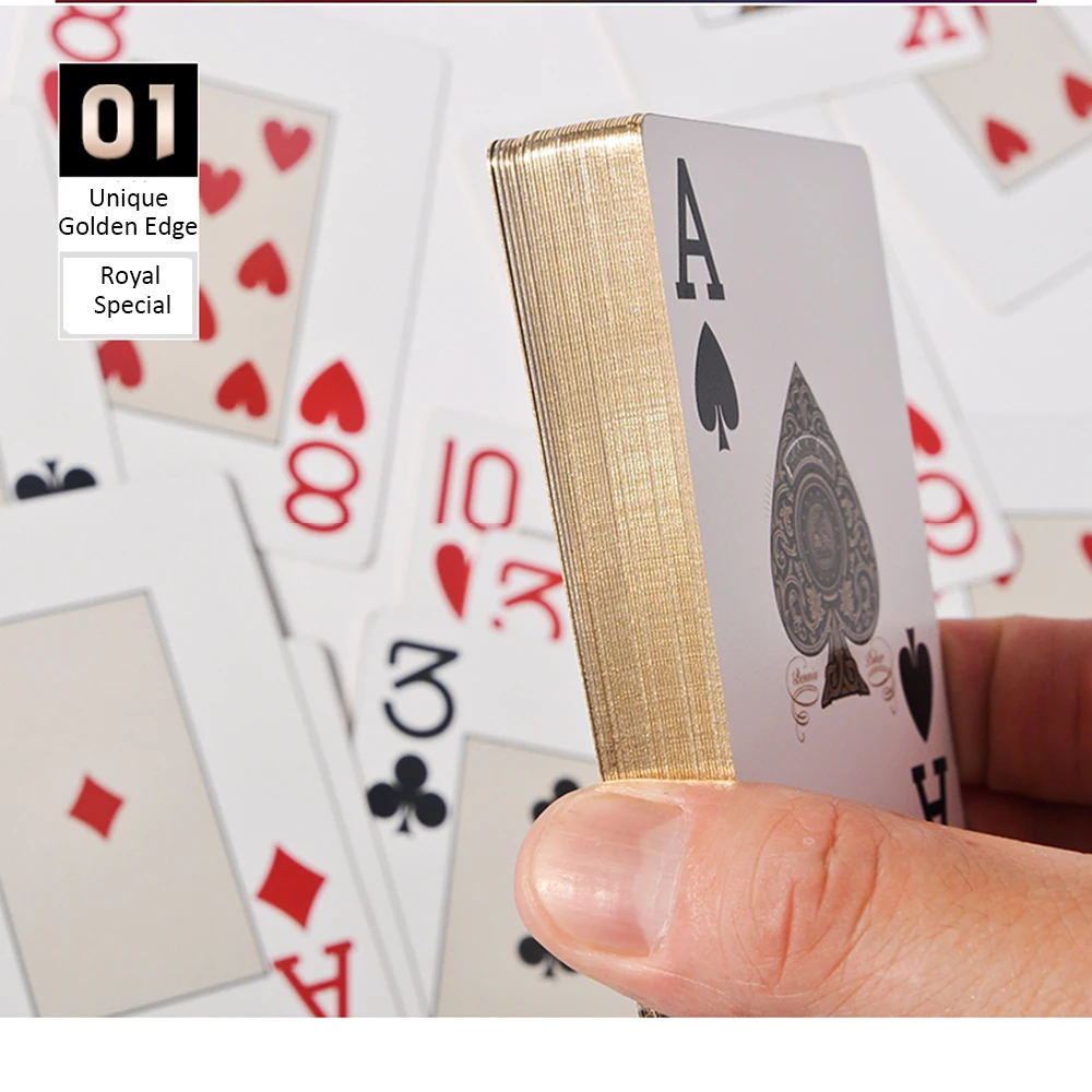 Водонепроницаемые покерные карты с золотым задним поверхностным матовым покрытием и краями для казино Texas Holdem.